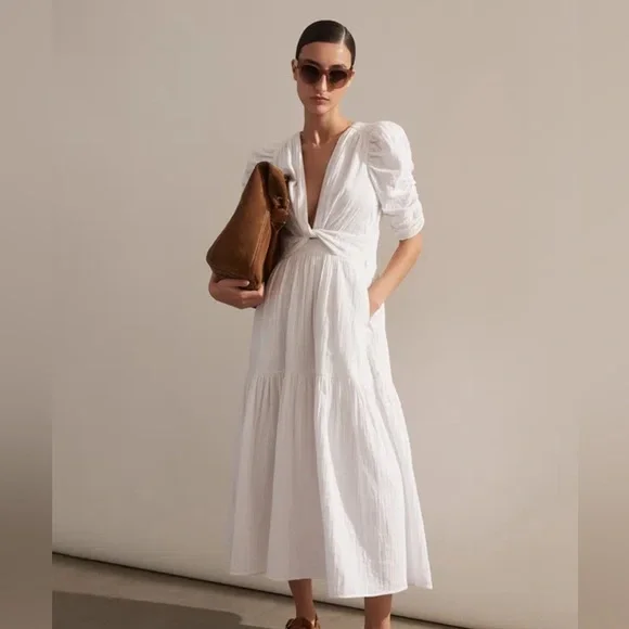 ME+EM Cheesecloth Gathered Sleeve White Maxi Dress NWOT - Picture 1 of 8